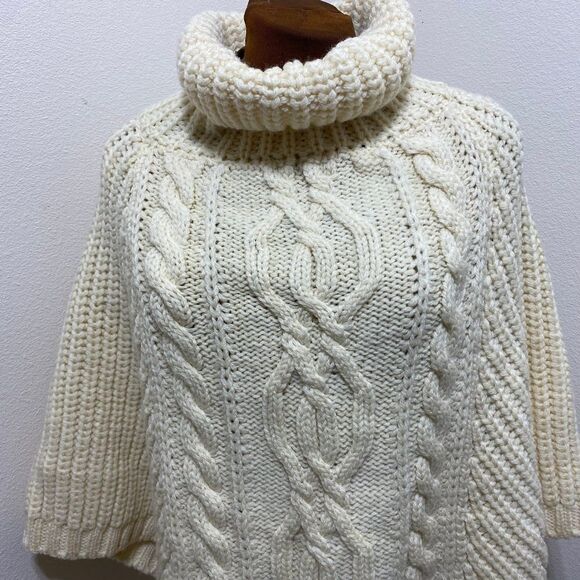 Saol Aran Cowl Neck Knit Poncho for Women, 100% Premium Quality Merino Wool Wrap - Picture 5 of 11